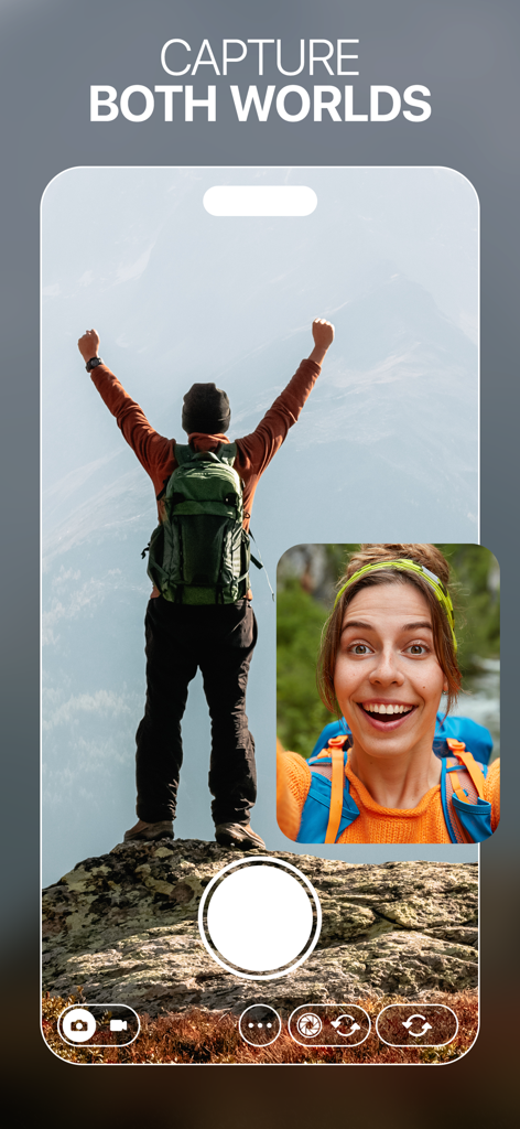 Dual Capture Double Camera - Mobile app interface showing simultaneous front and back camera recording of a mountain climber and a selfie reaction.