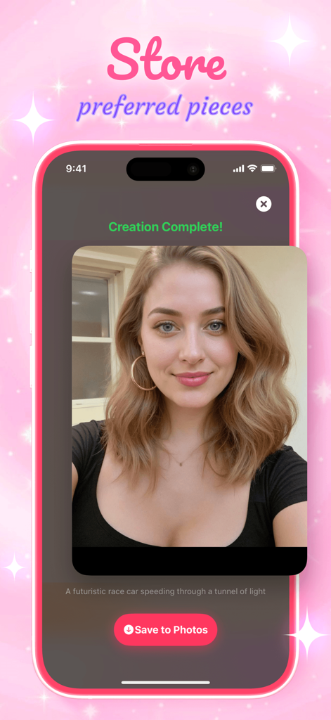 Suto: Share Your Prompt Art - Suto app interface showing a generated AI portrait of a woman with a Save to Photos button