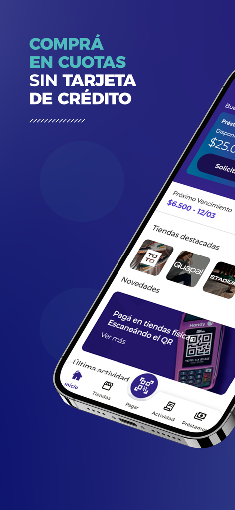 Pago Despuesモバイルアプリのインターフェース。今すぐ購入、後で支払いのオプションとQRコード決済が表示されています。