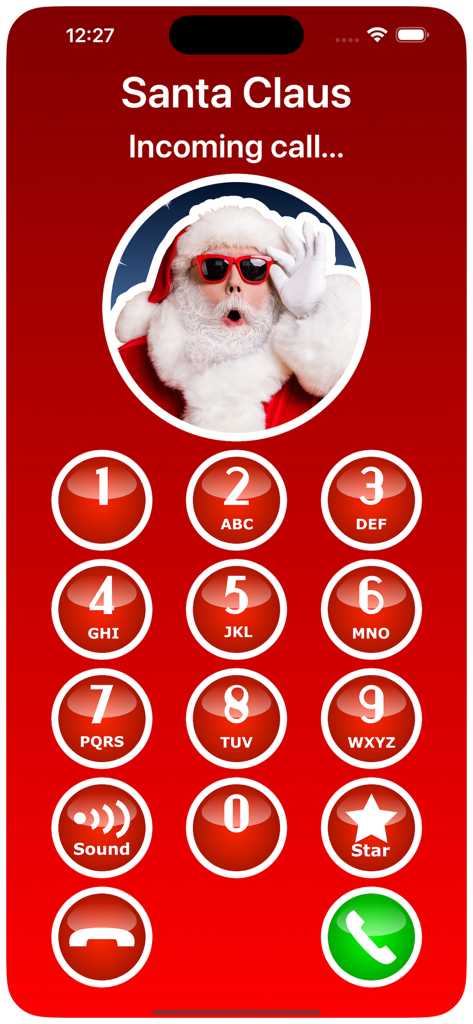 Santa Calls & Texts You - Incoming call screen from Santa Claus featuring a festive red dial pad and Santa portrait