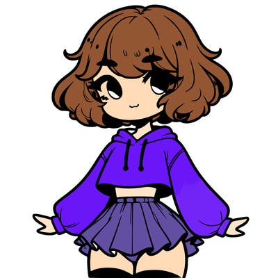 cute femboy with short, fluffy hair that softly frames their face, wearing a cropped hoodie, paired with a flouncy short skirt, and thigh-high stockings