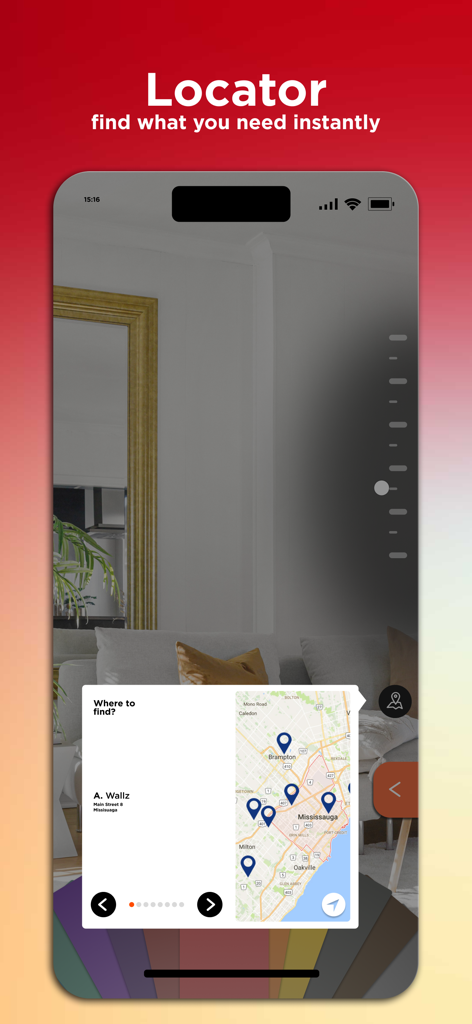 Fable - Paint visualizer - Una pantalla de smartphone que muestra la función de localizador de tiendas de la aplicación Fable con un mapa que muestra tiendas y minoristas de pintura locales.