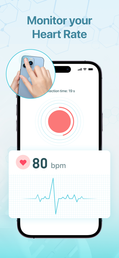 HeartRate Monitor & EZ Fasting - An iPhone screen displaying heart rate measurement at 80 bpm with an ECG wave and a graphic showing a finger over the camera lens.