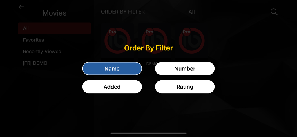 Ibo Player Pro - Ibo Player Pro app interface showing the movie library with an overlay menu for sorting content by name number added or rating