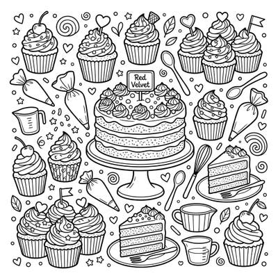 Dive into a world of sweet treats with our delightful Red Velvet Cakes coloring page, designed especially for kids. This engaging template features an array of delicious red velvet desserts and baking essentials, ready for a burst of color.