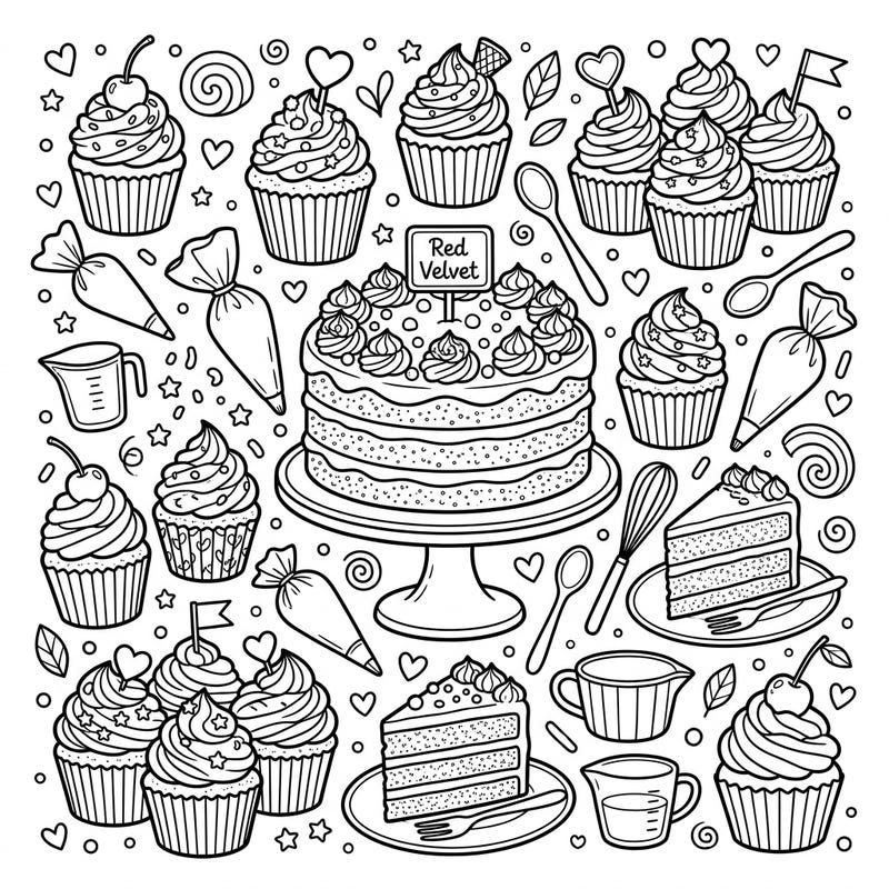 Dive into a world of sweet treats with our delightful Red Velvet Cakes coloring page, designed especially for kids. This engaging template features an array of delicious red velvet desserts and baking essentials, ready for a burst of color.