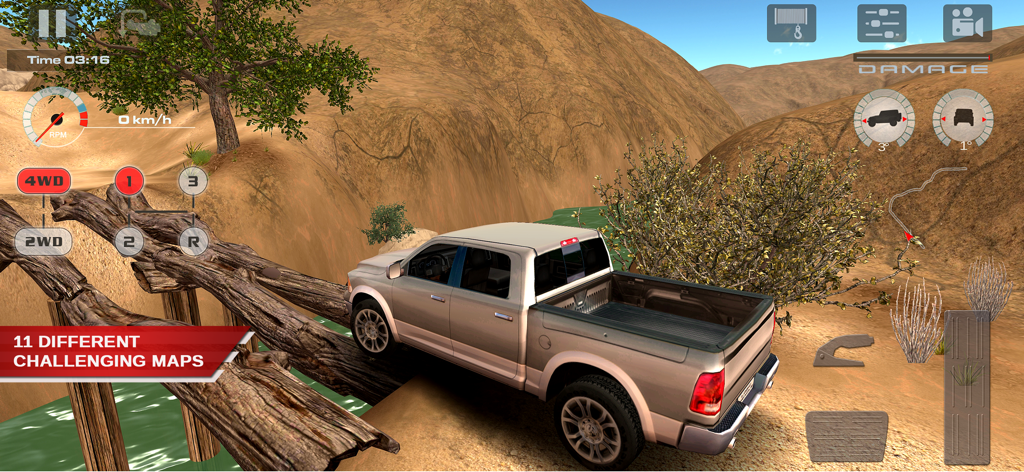 A silver pickup truck carefully crossing a log bridge in the OffRoad Drive Desert simulation game