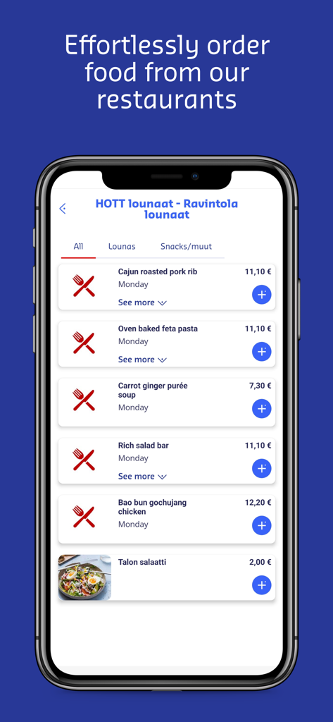 Écran de smartphone montrant l'interface de l'application MySodexo avec une liste d'articles de menu pour le déjeuner et les prix pour la commande en ligne