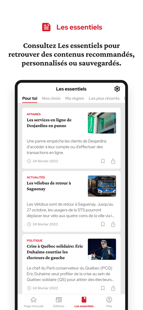 Le Quotidien - Interface de l'application mobile Le Quotidien montrant le fil de nouvelles Essentiels avec des articles locaux pour la région du Saguenay.