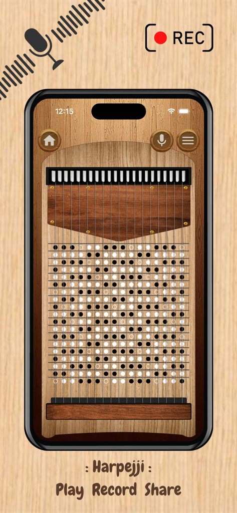 Harpejii Instrument - Pantalla de un smartphone que muestra la interfaz de madera y las cuerdas de la aplicación Harpejji Instrument