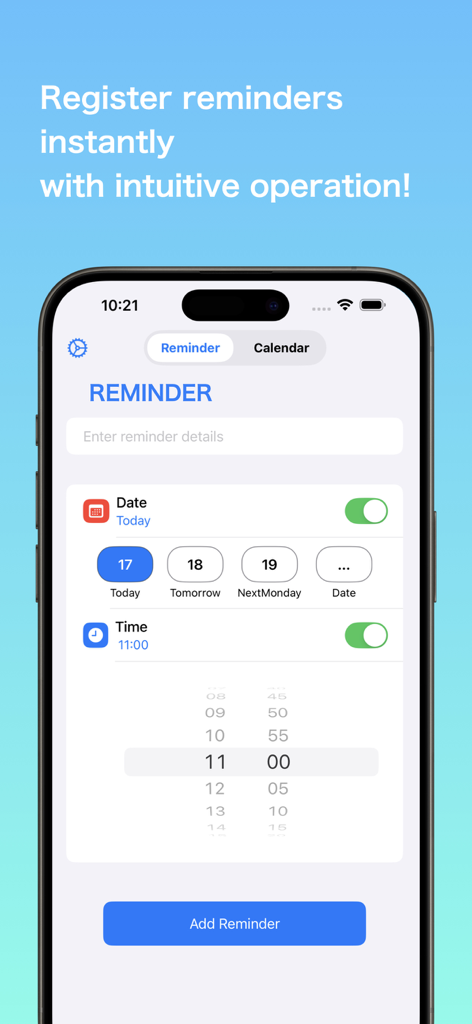 Quick Add Reminders & Calendar - Mobile app screen showing a quick reminder entry form with date and time selection options