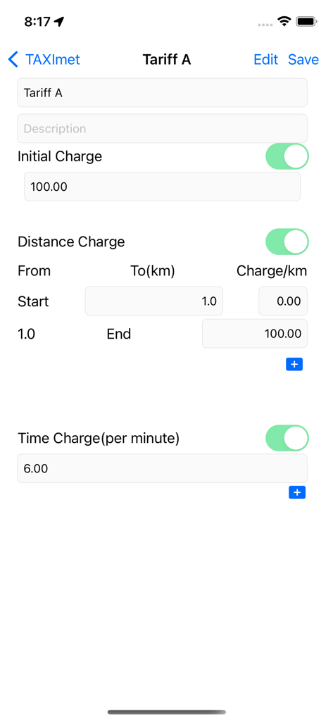 A screen in the TAXImet app showing configuration options for initial distance and time charges for a specific taxi tariff.