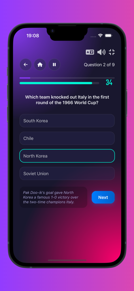 Una pregunta de trivia de fútbol sobre la historia de la Copa del Mundo de 1966 en una interfaz de aplicación móvil.