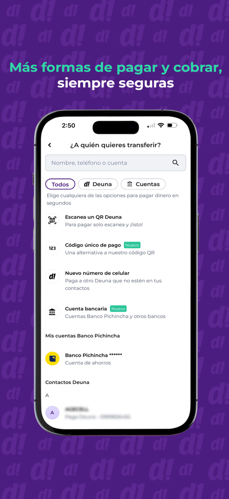 Deuna App-Oberfläche mit Optionen zum Überweisen von Geld per QR-Code oder Bankkonto