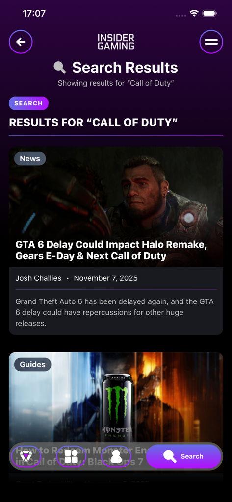 Insider Gaming app search results screen for Call of Duty showing news and guides.