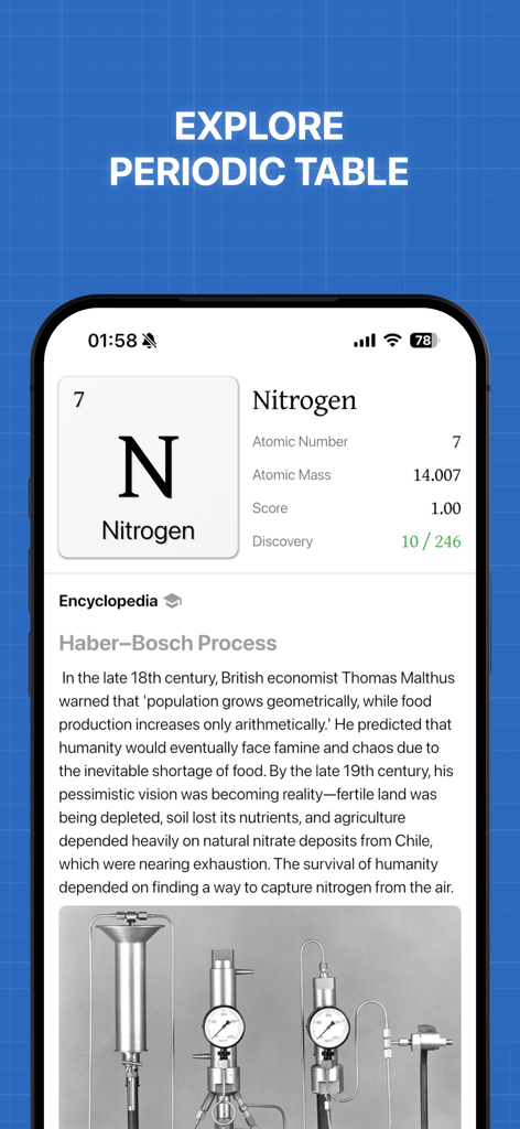 Alcyone - A smartphone screen from the Alcyone app displaying scientific information about Nitrogen, including its atomic mass and the Haber-Bosch process in an encyclopedia section.