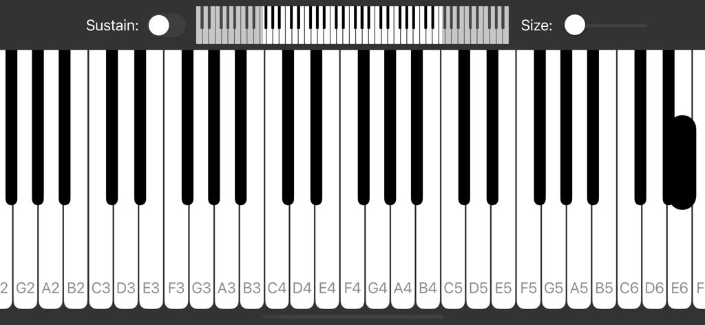 A minimalist digital piano keyboard with labeled notes and sustain controls