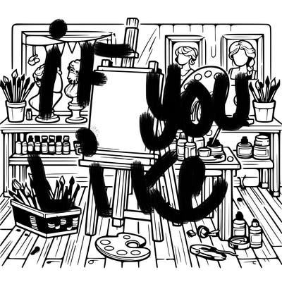 an art studio with canvases, paints, and sculptures