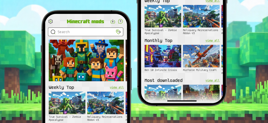 Mods for Minecraft PE ㅤ - Interface de l'application Mods pour Minecraft PE montrant une variété de mods et d'add-ons de jeu