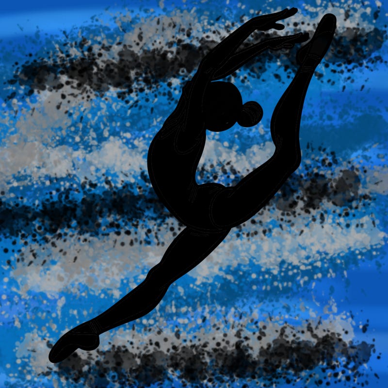 gymnast doing a leap in a leotard with a bent back leg
