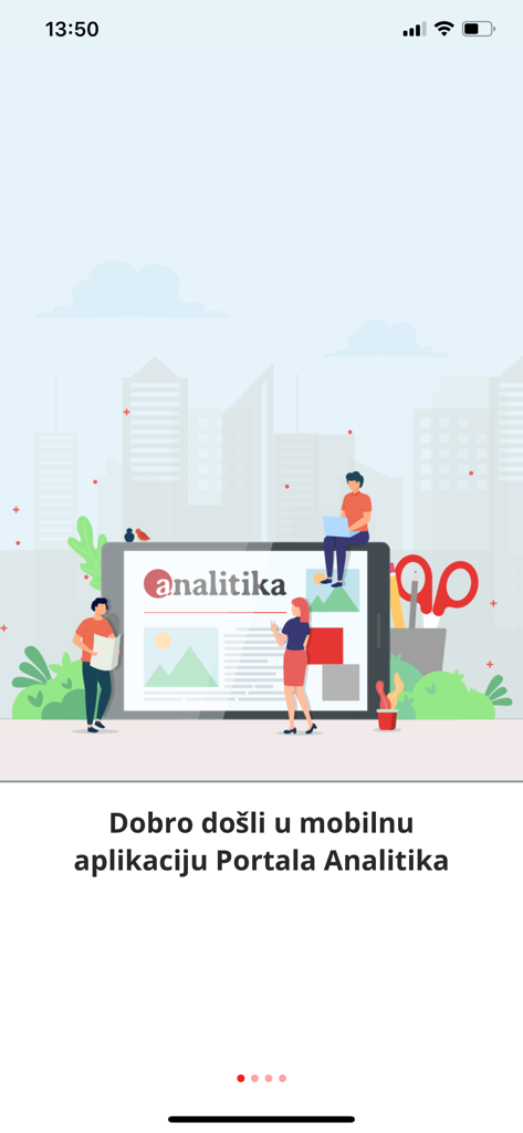 Startbildschirm der mobilen App Portal Analitika mit einer Illustration von Menschen, die digitale Nachrichten lesen.