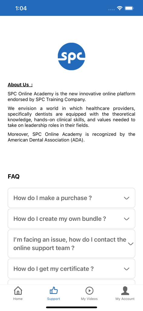SPC Academy - SPC Academy Mobile App - Über uns und FAQ-Bereich für zahnmedizinische Bildung