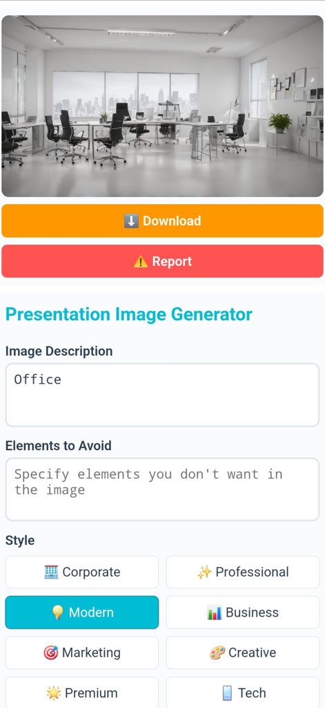 Napkin AI app interface showing an AI-generated modern office image with style selection options for professional presentations.