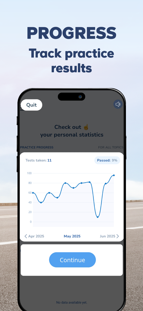 LGV & HGV Theory Test Kit 2026 - A mobile app screen showing a line graph of practice test results and progress tracking for the LGV and HGV theory test