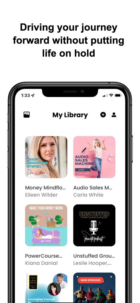 Hiro.fm - The library screen of Hiro.fm featuring private podcasts and audio courses for personal growth