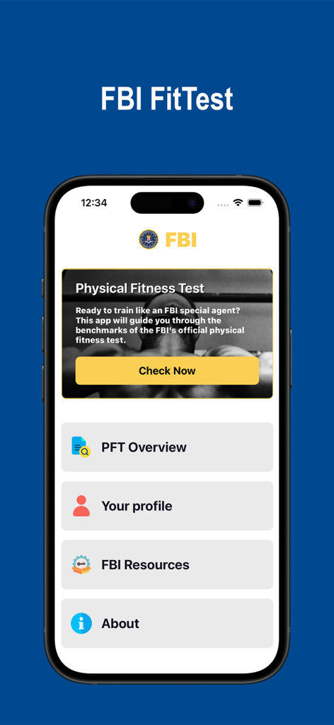 Pantalla de inicio de la aplicación móvil FBI FitTest que muestra el menú de prueba de aptitud física y las opciones del usuario.