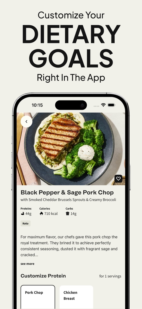 Factor_ Prepared Meal Delivery - Interfaz de la aplicación Factor que muestra la personalización de objetivos dietéticos y detalles de comidas Keto.