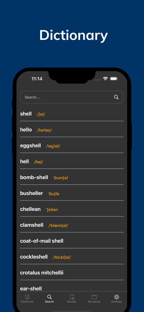 3000 Core English Vocabulary - Dictionary search screen in the English vocabulary app showing word list with phonetic transcriptions
