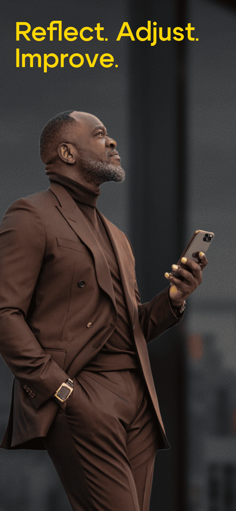 Еxness Finаncе - A man in a suit holding a smartphone with the text Reflect Adjust Improve