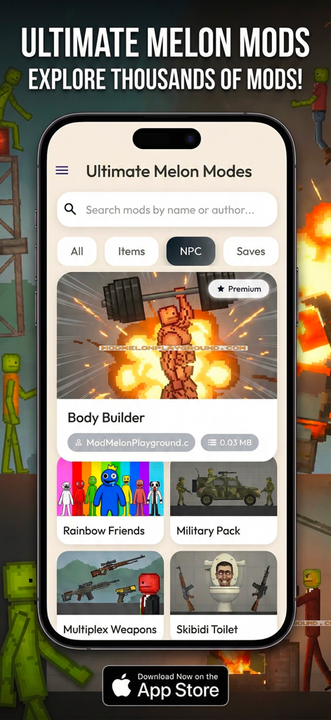 Interface of Mega Mods for Melon Playground displaying categories and trending mods like Skibidi Toilet and Rainbow Friends.