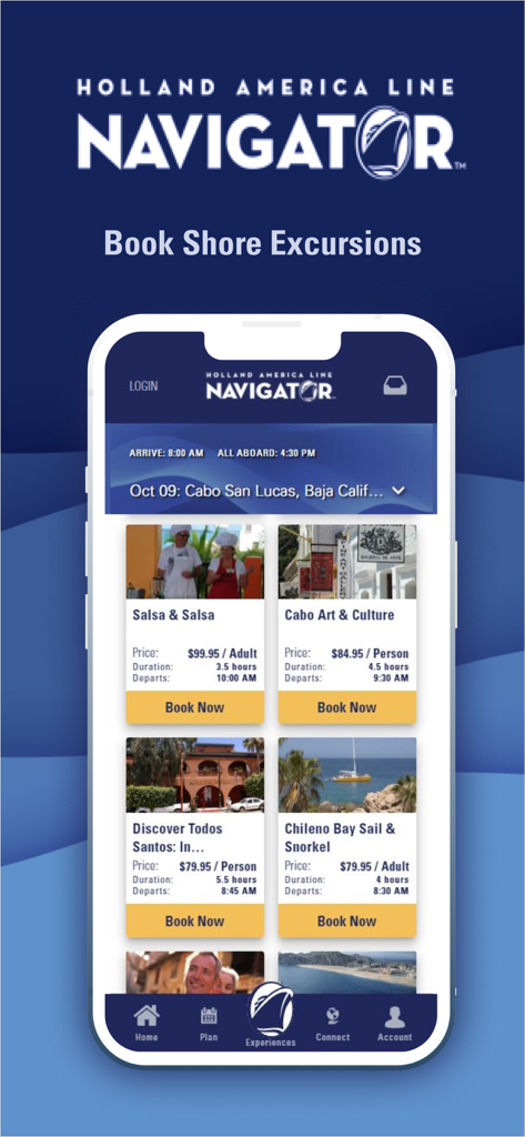 Mobile interface of the Holland America Navigator app showing a list of shore excursion options in Cabo San Lucas with booking details and prices