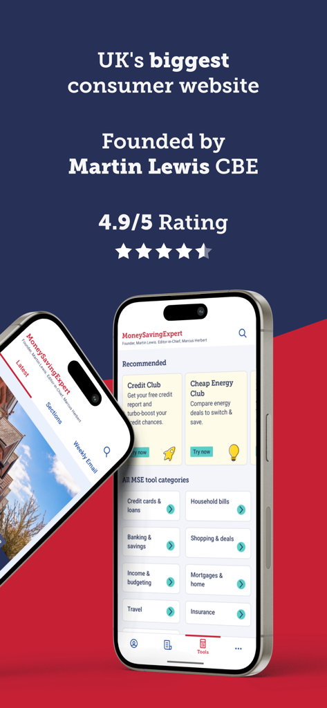 MoneySavingExpert - Interfaz de la aplicación MoneySavingExpert que muestra herramientas financieras y una calificación de 4.9 estrellas