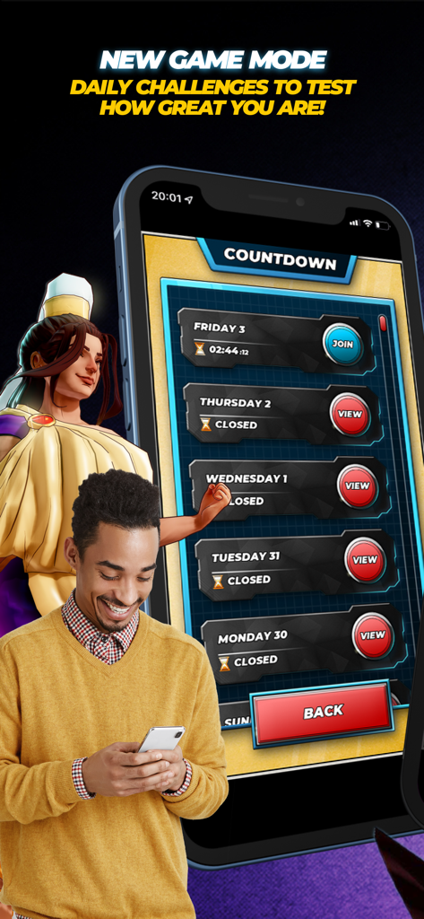 Man playing Bible Trivia Game Heroes daily challenges on smartphone