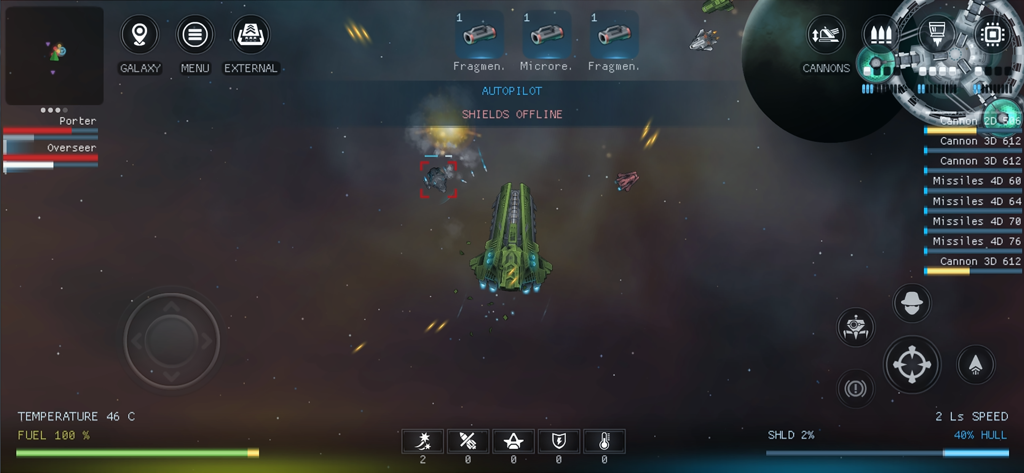 Una captura de pantalla de jugabilidad de Galaxy Genome desde arriba que muestra una nave verde en el espacio con una compleja interfaz de usuario.