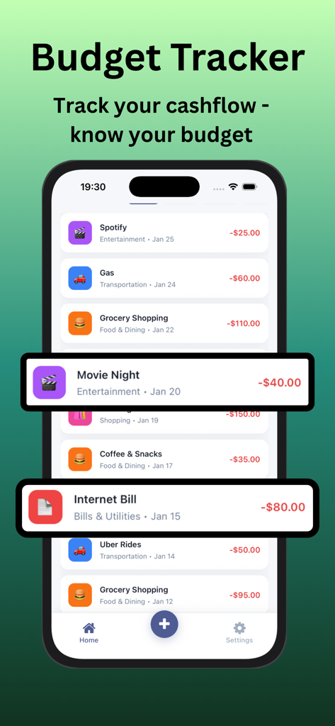 モバイルアプリの画面。サブスクリプション、食料品、請求書など、説明的なアイコン付きの追跡された支出のリストが表示されています。