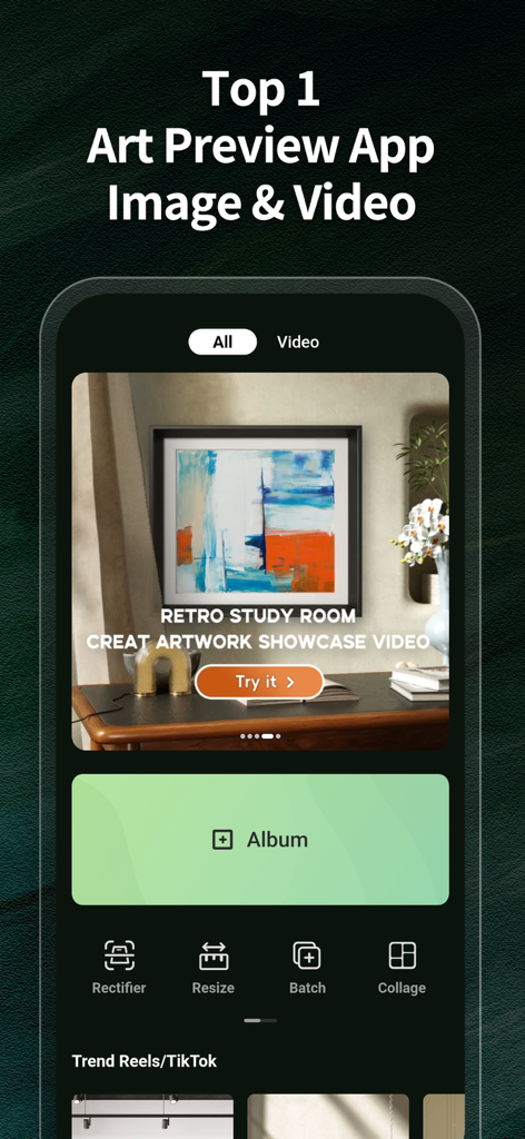 Frameit:Framed Art &Video edit - Frameit app home screen showing an art mockup in a retro study room with editing tools for video and image previews.