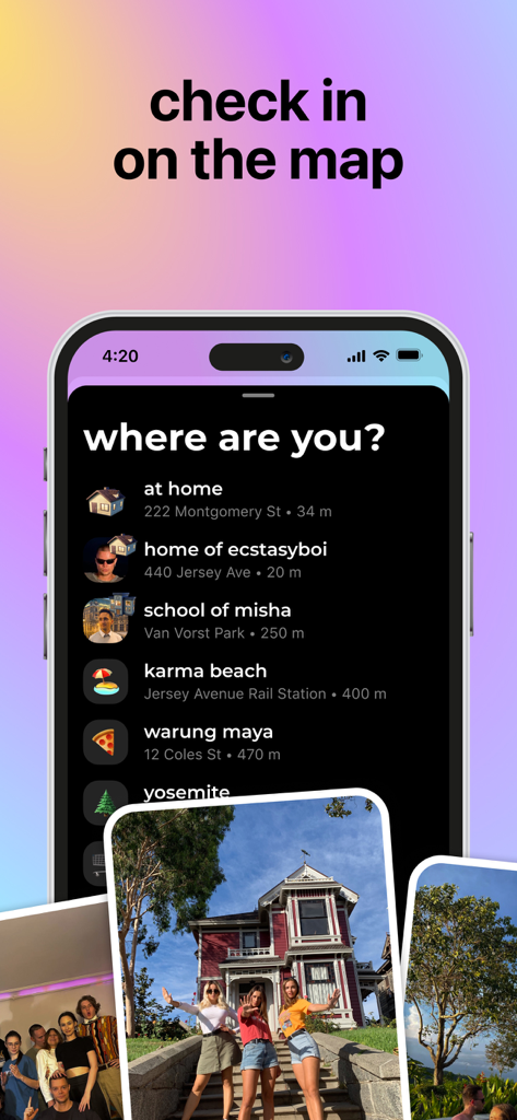 Blink app interface showing friends checking in at various locations on a map with social photos.