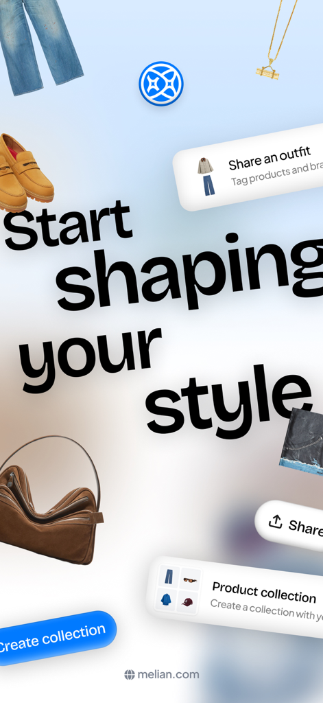 Oberfläche der Melian App mit Modeartikeln und dem Slogan 'Gestalte deinen Stil'.