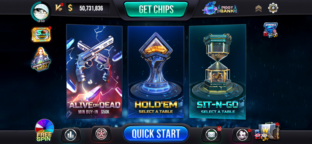 Menú principal de la aplicación Winning Poker que muestra modos de juego como Texas Holdem y torneos Sit-N-Go.