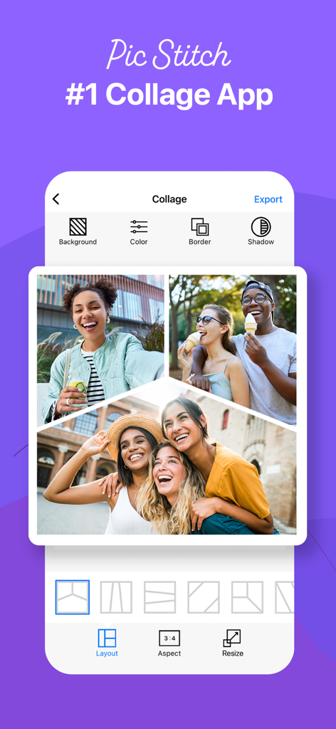 Pic Stitch app interface displaying a photo collage with options to edit background color border and layout