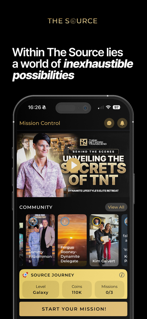 The Source. - The Mission Control dashboard of The Source personal development app featuring community updates and journey progress