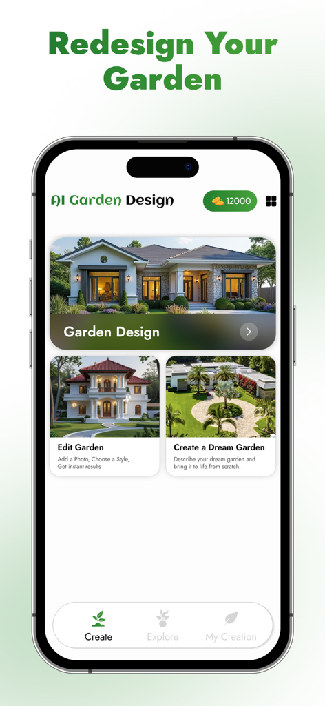 Startbildschirm der mobilen App AI Garden Design mit Optionen zum Neugestalten und Erstellen von Landschaftskunst