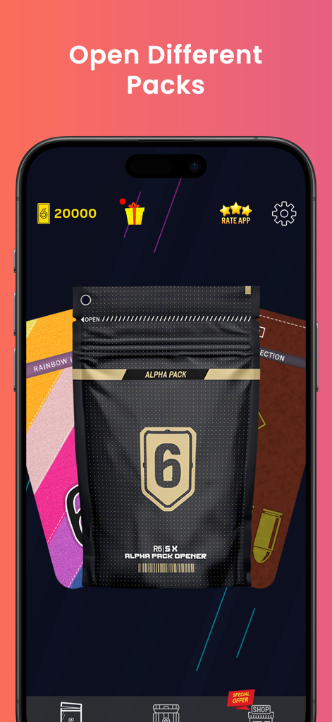 R6 Alpha Pack Opener - Mobile screen of R6 Alpha Pack Opener showing a black alpha pack and the option to open different packs