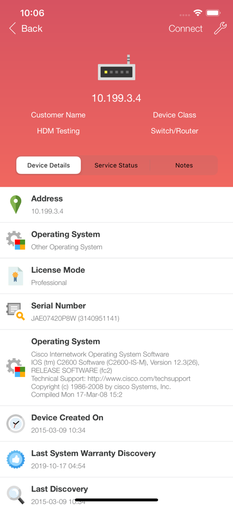 N-central Mobile app device details screen displaying network information for a switch or router including IP address and serial number.