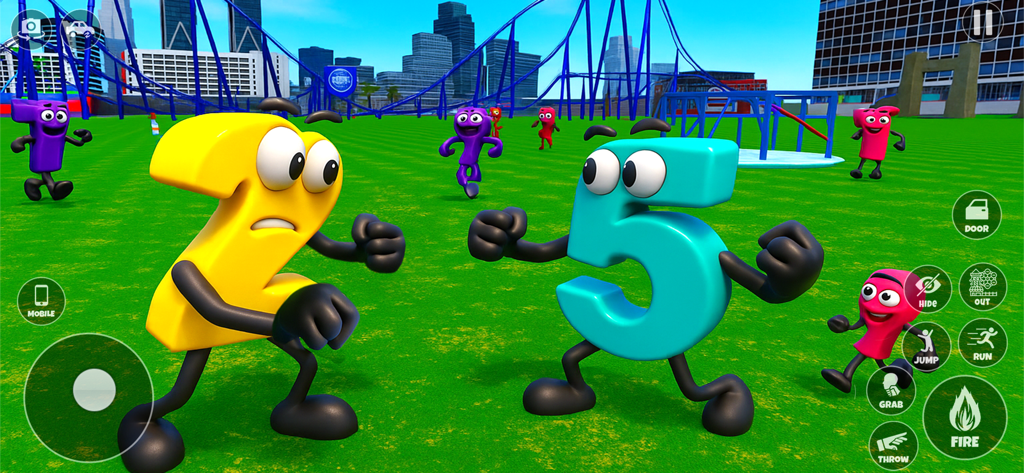 Personnages numériques cartoon deux et cinq en position de combat dans un décor de ville ouvert et lumineux