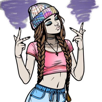realistic teenage girl with braids and a beanie and crop top doing 🫶🏼